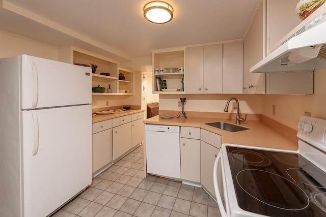 kitchen with white appliances, open shelves, a sink, light countertops, and under cabinet range hood