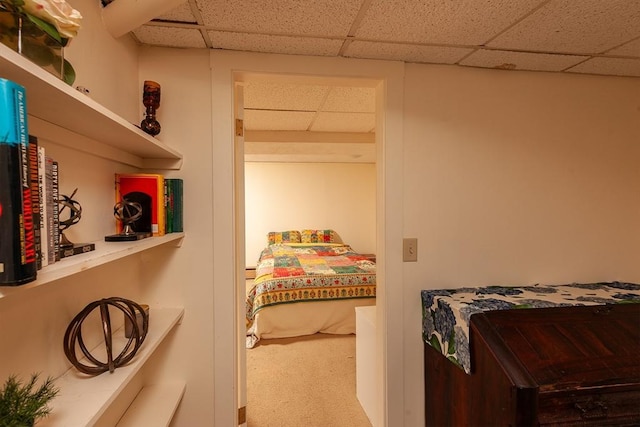 bedroom with carpet flooring, a drop ceiling, and a baseboard radiator