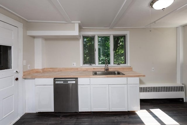 kitchen with radiator, dark wood-style flooring, a sink, white cabinets, and dishwasher