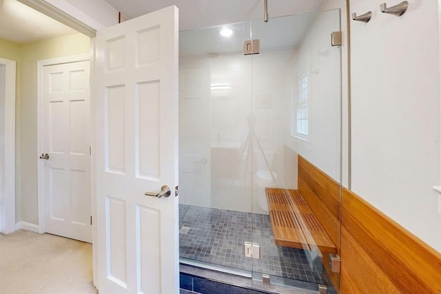 full bathroom with recessed lighting and a stall shower