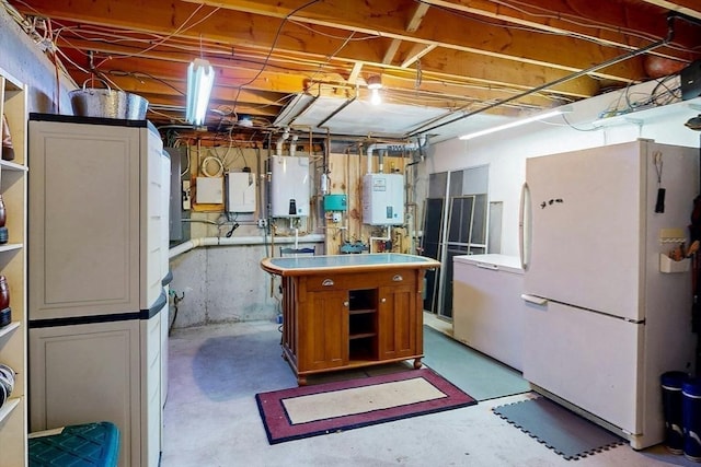 unfinished basement with freestanding refrigerator, refrigerator, and tankless water heater