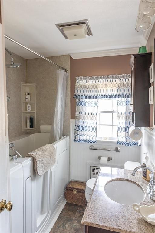 224 Palmer Rd, Monson, MA 01057 - bathroom featuring shower / bath combo, vanity, and wainscoting