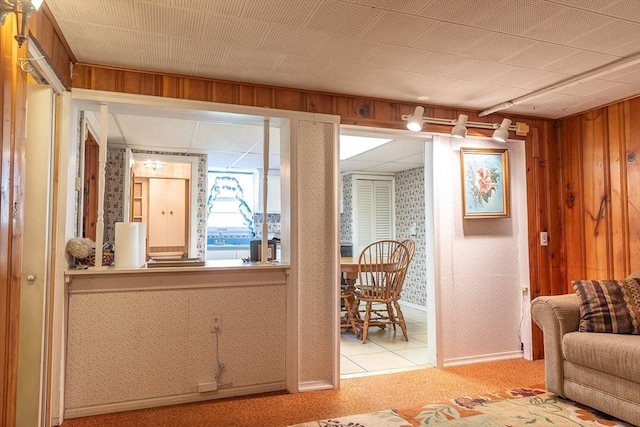 224 Palmer Rd, Monson, MA 01057 - living area featuring baseboards, wooden walls, and carpet floors