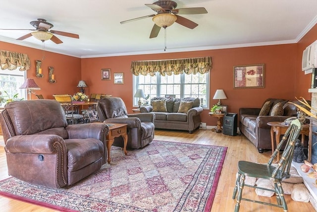 224 Palmer Rd, Monson, MA 01057 - living room featuring a ceiling fan, crown molding, and light wood-type flooring