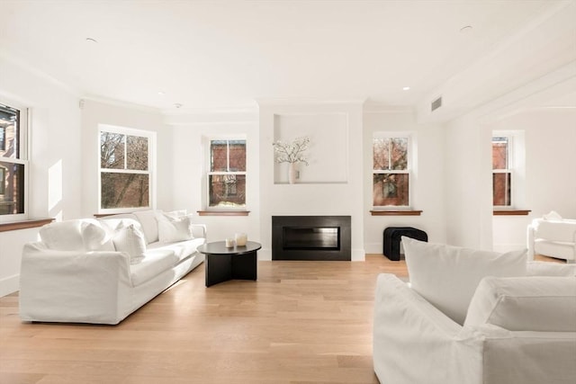 2A Milford St Unit 3, Boston, MA 02118 - living room with a glass covered fireplace, ornamental molding, light wood-type flooring, and visible vents