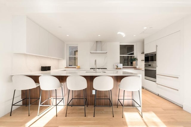2A Milford St Unit 3, Boston, MA 02118 - kitchen featuring a sink, light wood finished floors, light countertops, wall chimney exhaust hood, and modern cabinets