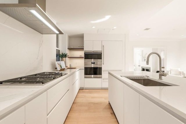 2A Milford St Unit 3, Boston, MA 02118 - kitchen with custom range hood, a sink, white cabinets, stainless steel appliances, and light wood-style flooring