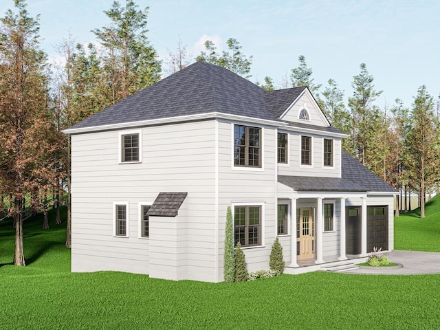 87 Cross St, Seekonk, MA 02771 - back of property with a yard, roof with shingles, driveway, and an attached garage