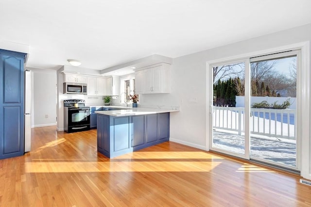 kitchen featuring sink, range with electric cooktop, white cabinetry, light hardwood / wood-style flooring, and kitchen peninsula