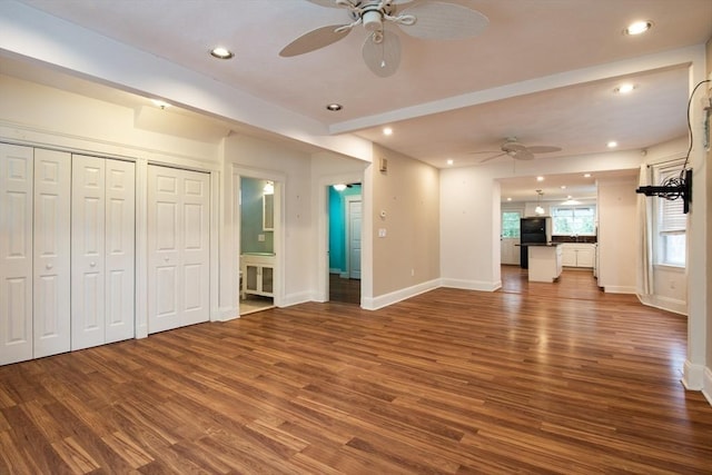 30 Partridge Ave, Somerville, MA 02145 - unfurnished living room featuring ceiling fan, dark wood-style floors, baseboards, and recessed lighting