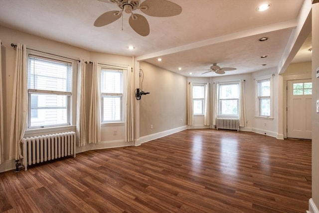 30 Partridge Ave, Somerville, MA 02145 - empty room with radiator, a ceiling fan, dark wood finished floors, and recessed lighting