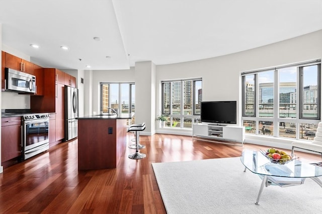 living room with a healthy amount of sunlight, sink, and dark hardwood / wood-style floors