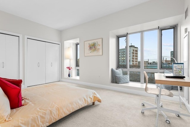 carpeted bedroom featuring two closets