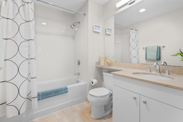 full bathroom with vanity, shower / bathtub combination with curtain, and toilet