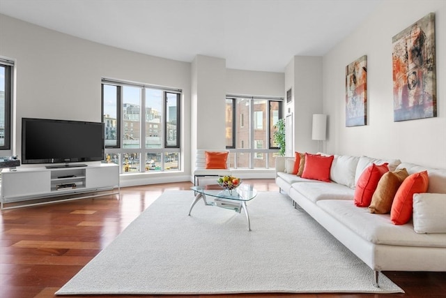 living room with dark hardwood / wood-style floors