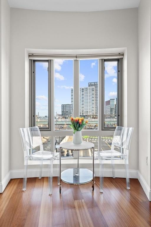 living area featuring hardwood / wood-style flooring and breakfast area