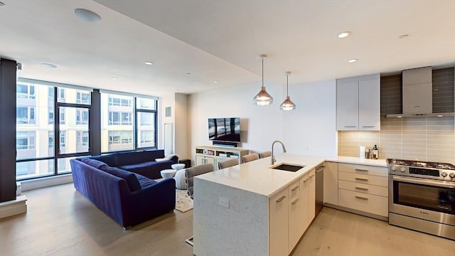 kitchen featuring wall chimney range hood, appliances with stainless steel finishes, a sink, light wood-type flooring, and tasteful backsplash