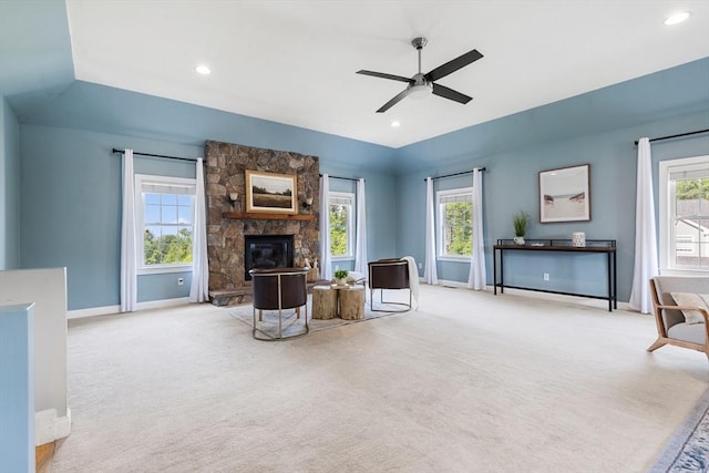 20 Hillside Dr, Georgetown, MA 01833 - carpeted living area with a ceiling fan, plenty of natural light, a fireplace, and recessed lighting