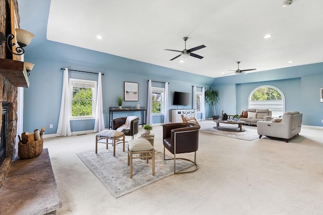 20 Hillside Dr, Georgetown, MA 01833 - carpeted living area featuring a ceiling fan, a fireplace, and recessed lighting