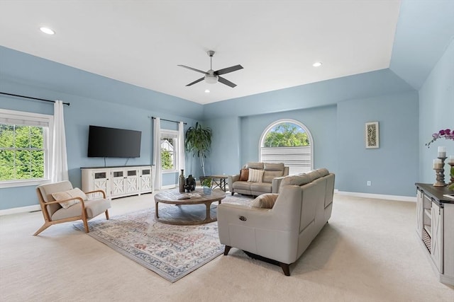 20 Hillside Dr, Georgetown, MA 01833 - living area featuring light carpet, ceiling fan, and recessed lighting