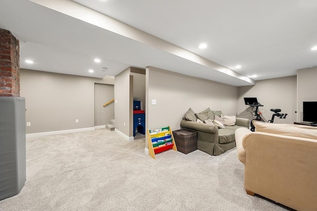 carpeted living room featuring recessed lighting, baseboards, and stairs