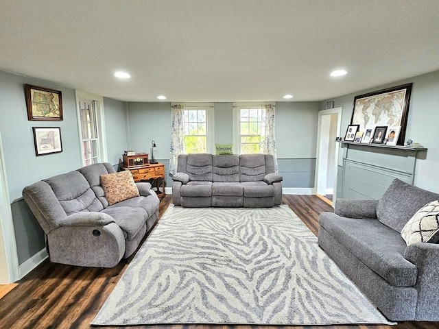 4 Randall Rd, Mattapoisett, MA 02739 - living room featuring dark wood finished floors, baseboards, and recessed lighting
