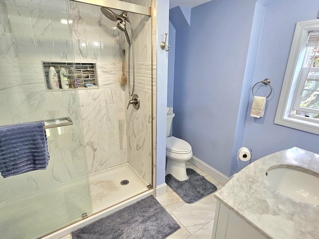 4 Randall Rd, Mattapoisett, MA 02739 - bathroom with a stall shower, vanity, toilet, and baseboards