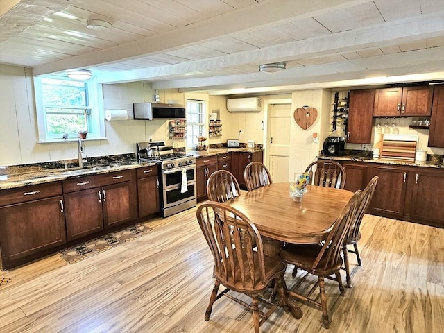 4 Randall Rd, Mattapoisett, MA 02739 - dining space with light wood-style floors, wood ceiling, and a wall unit AC