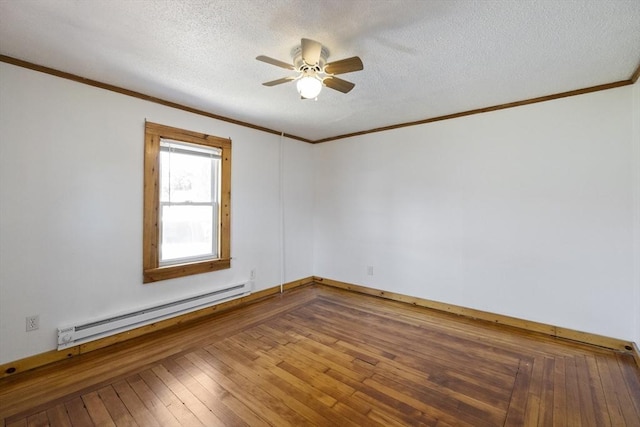 17 Westminster, Westfield, MA 01085 - spare room with baseboard heating, a ceiling fan, crown molding, a textured ceiling, and hardwood / wood-style floors