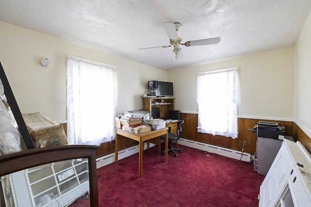 17 Westminster, Westfield, MA 01085 - home office with a baseboard radiator, healthy amount of natural light, a wainscoted wall, wood walls, and ceiling fan