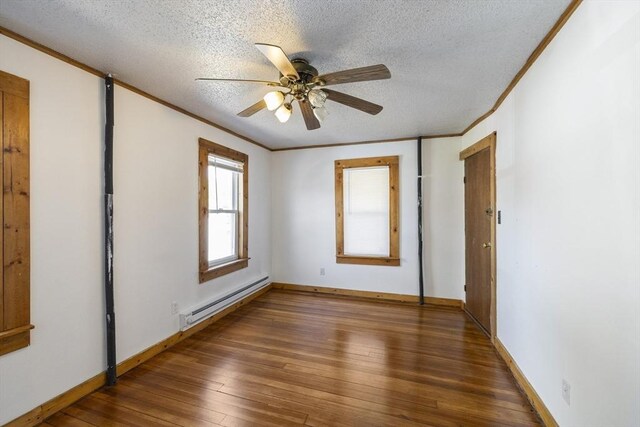 17 Westminster, Westfield, MA 01085 - empty room featuring a baseboard radiator, a textured ceiling, crown molding, wood-type flooring, and a ceiling fan