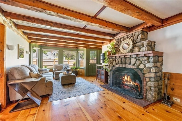 127 Main St, Norwell, MA 02061 - living room with a fireplace, beamed ceiling, and hardwood / wood-style flooring