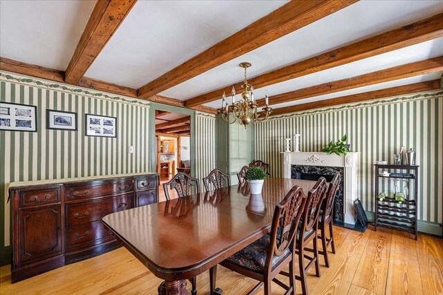 127 Main St, Norwell, MA 02061 - dining room with a chandelier, light wood finished floors, beamed ceiling, and wallpapered walls