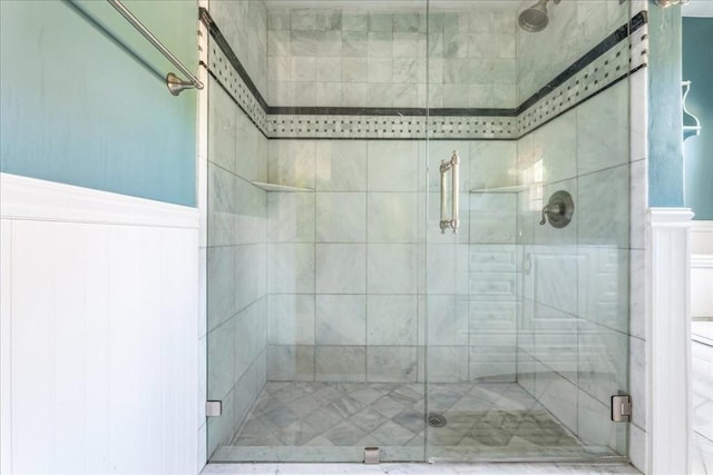 127 Main St, Norwell, MA 02061 - bathroom featuring a stall shower and wainscoting