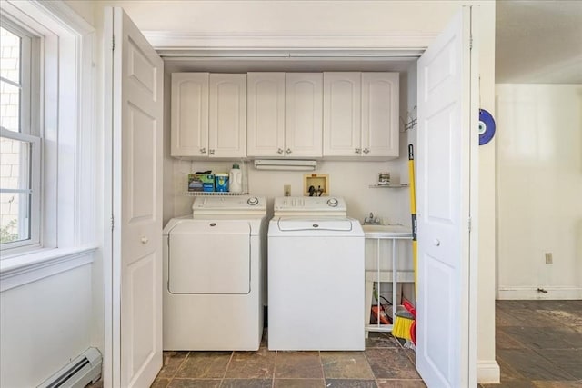 127 Main St, Norwell, MA 02061 - washroom with washing machine and clothes dryer, a baseboard radiator, cabinet space, and dark stone finish floors