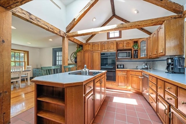 127 Main St, Norwell, MA 02061 - kitchen featuring black appliances, tile patterned floors, open shelves, brown cabinetry, and tasteful backsplash