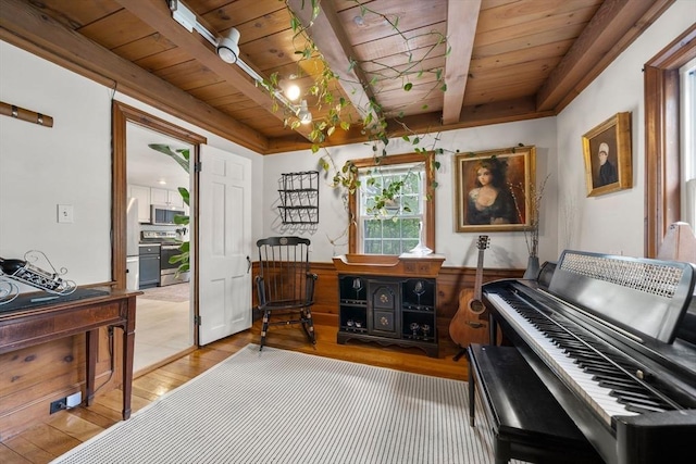 271 Haverhill St, North Reading, MA 01864 - sitting room with wood ceiling, light wood-style flooring, and beamed ceiling