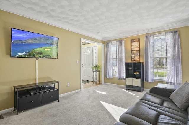 15 Whitewood Cir, Amesbury, MA 01913 - living room with baseboards, carpet flooring, and ornamental molding