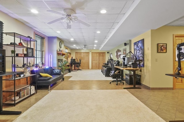 15 Whitewood Cir, Amesbury, MA 01913 - tiled home office featuring baseboards, a ceiling fan, a paneled ceiling, and recessed lighting