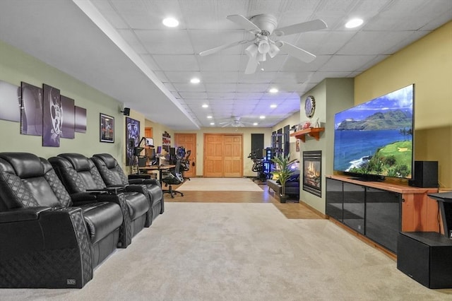 15 Whitewood Cir, Amesbury, MA 01913 - living area featuring a paneled ceiling, light colored carpet, recessed lighting, and a ceiling fan