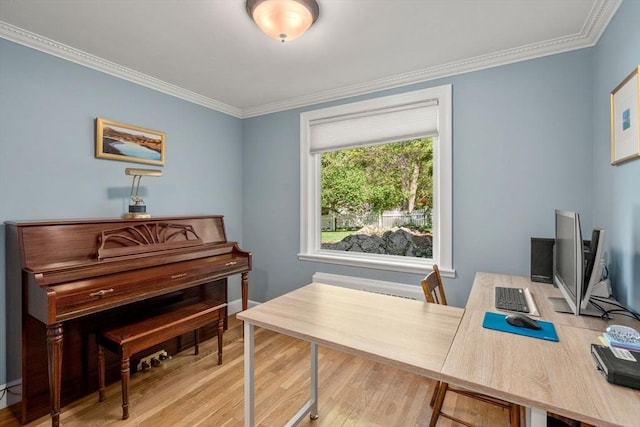 office featuring wood finished floors and crown molding