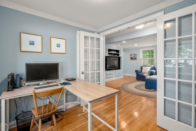 home office featuring french doors, wood finished floors, ornamental molding, baseboards, and recessed lighting
