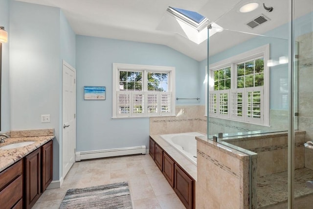 bathroom featuring a baseboard radiator, a skylight, a tile shower, vanity, and a bath