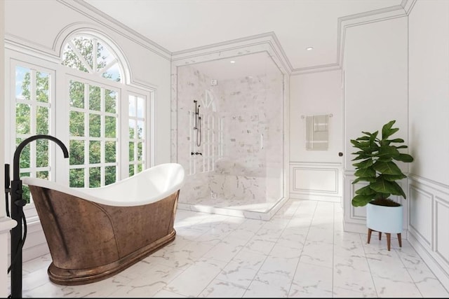 full bathroom featuring a soaking tub, ornamental molding, a shower stall, a decorative wall, and marble finish floor