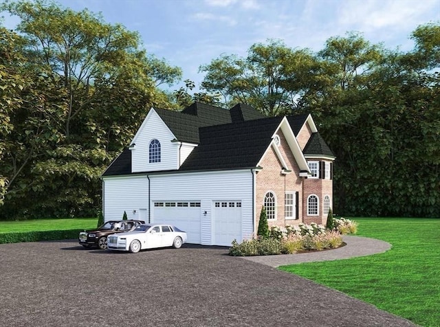 view of front of property featuring a front lawn, a garage, brick siding, and driveway