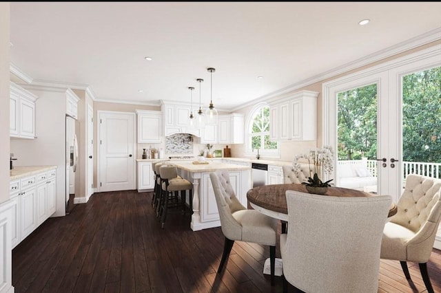 dining area with recessed lighting, french doors, dark wood-type flooring, and crown molding