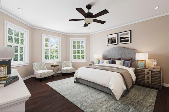 bedroom featuring dark wood-style floors, baseboards, and ornamental molding