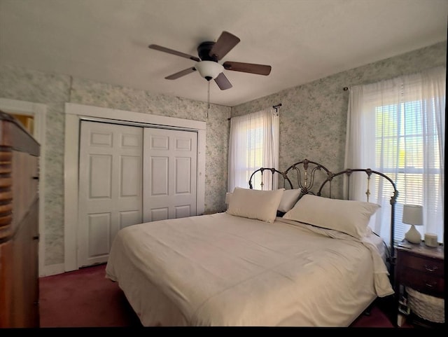 6 Cleveland Ave, Westfield, MA 01085 - bedroom featuring a closet, ceiling fan, carpet floors, and wallpapered walls