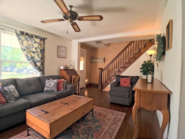 6 Cleveland Ave, Westfield, MA 01085 - living room featuring baseboards, a ceiling fan, dark wood-style floors, and stairway