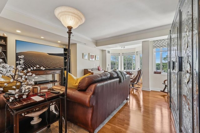 20 Chapel St Unit B811, Brookline, MA 02446 - living area featuring ornamental molding, wood finished floors, recessed lighting, and baseboards